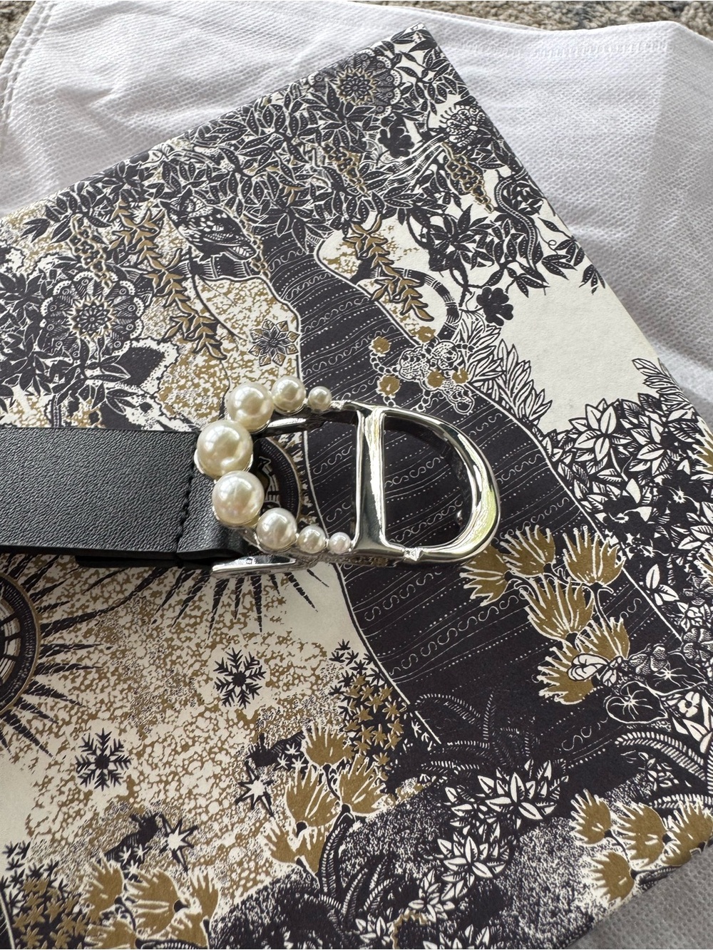 Women CD Pearl-Embellished-Silver Black Leather Belt with box Dior - Picture 4 of 11